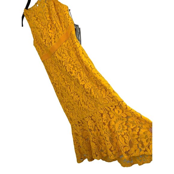 NWT Eva Mendes NY & Co 8 Mustard Lace Overlay Midi SL Dress Ruffle Hem 6828 - Picture 2 of 12